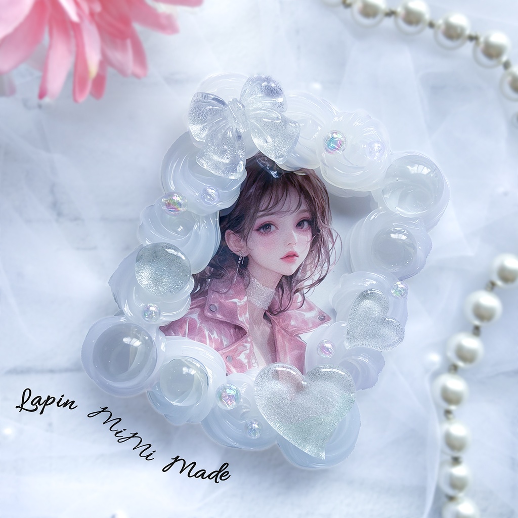 【受注製作】シルバー ラメ クリア ホイップデコ 硬質トレカケース B8 チェキ マグネット リボン ハート 上品 カード ケース