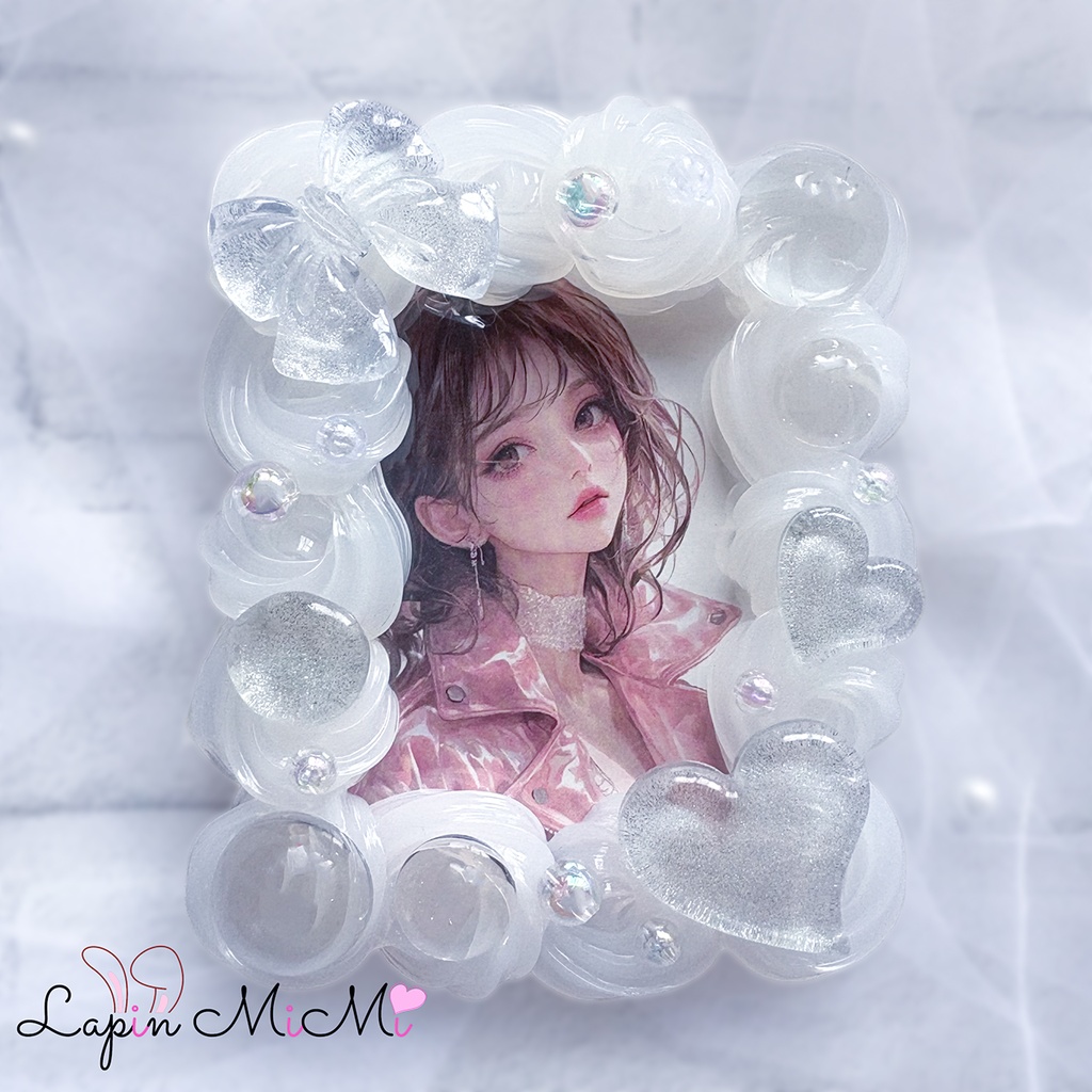 【受注製作】シルバー ラメ クリア ホイップデコ 硬質トレカケース B8 チェキ マグネット リボン ハート 上品 カード ケース