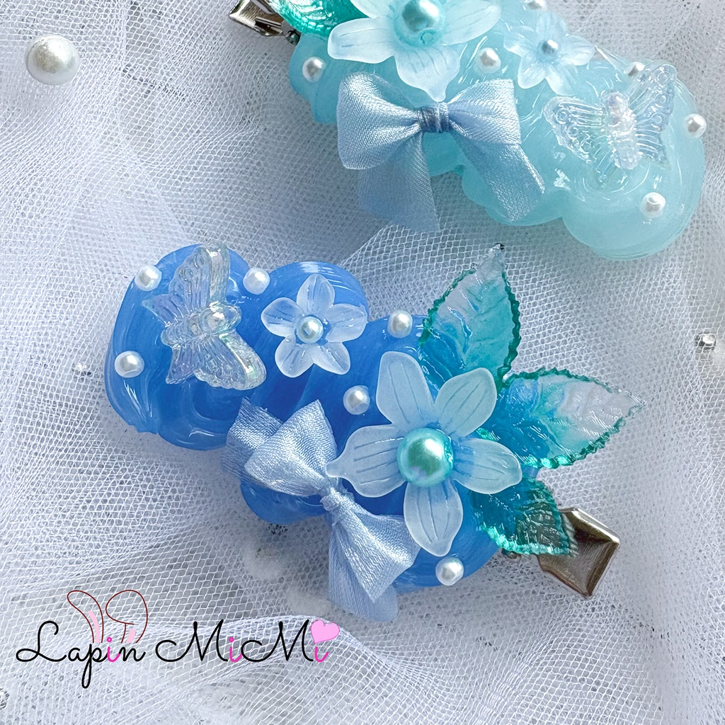 ブルー 水色 クリア ホイップデコ ヘアクリップ リボン 花 高見え ヘアピン 前髪クリップ セット