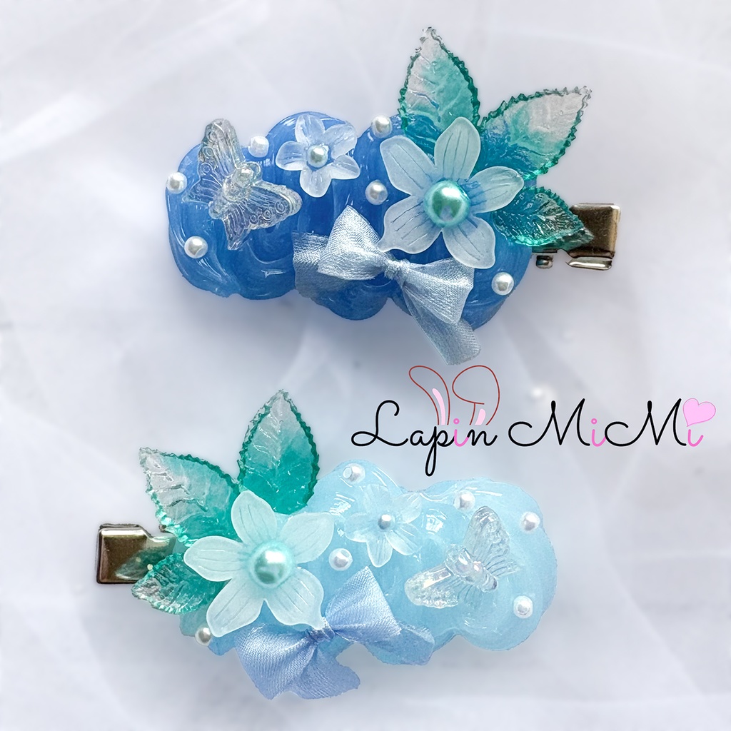 ブルー 水色 クリア ホイップデコ ヘアクリップ リボン 花 高見え ヘアピン 前髪クリップ セット