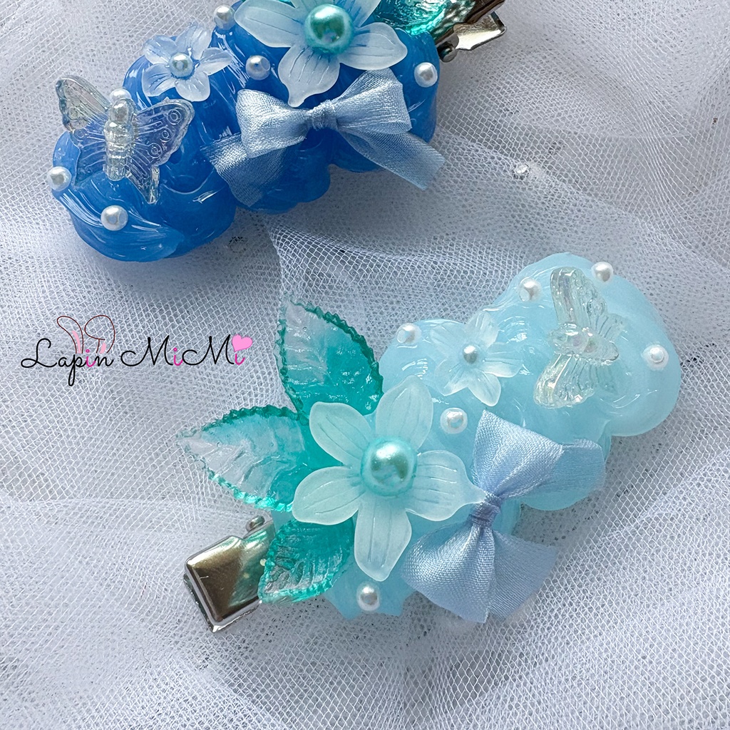 ブルー 水色 クリア ホイップデコ ヘアクリップ リボン 花 高見え ヘアピン 前髪クリップ セット