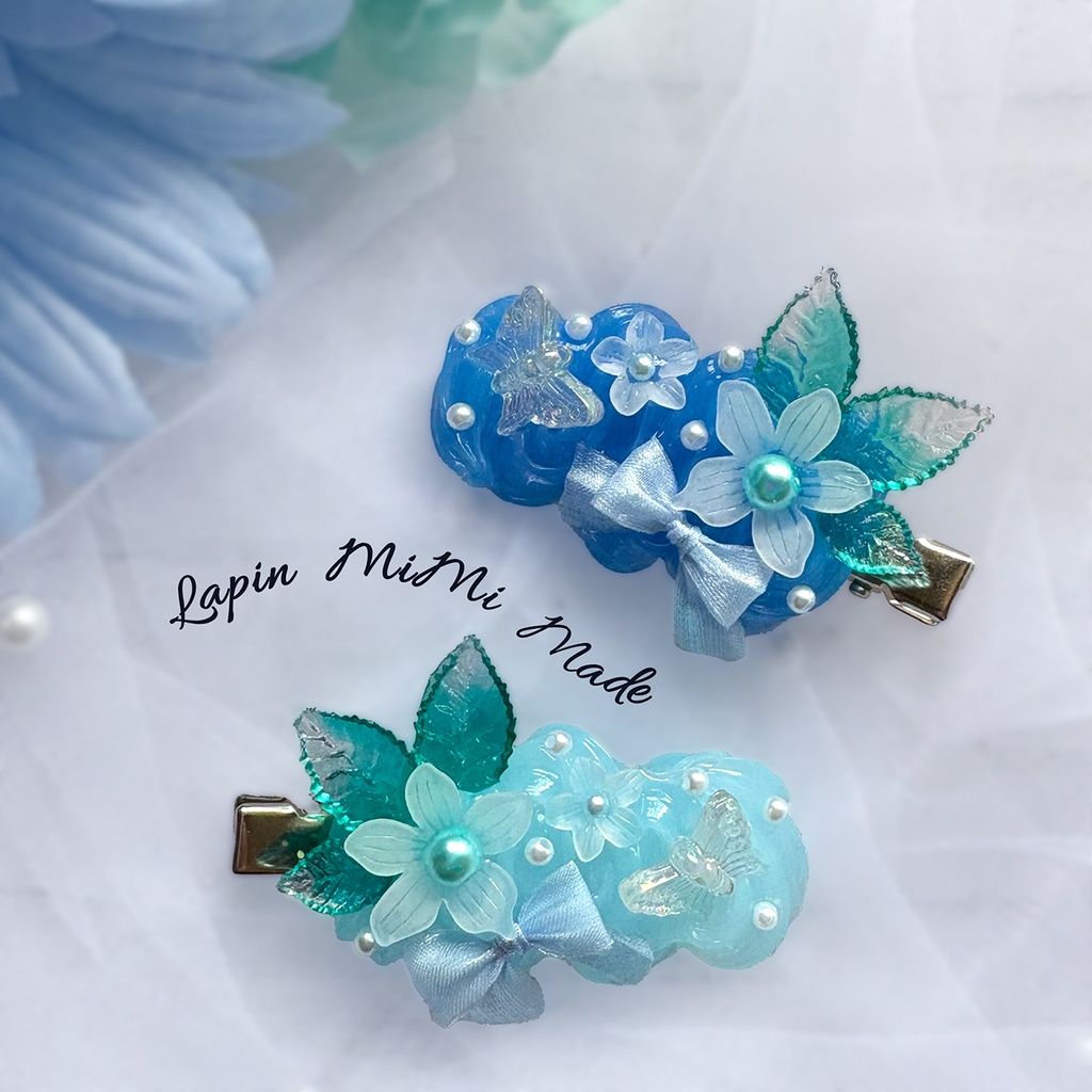 ブルー 水色 クリア ホイップデコ ヘアクリップ リボン 花 高見え ヘアピン 前髪クリップ セット