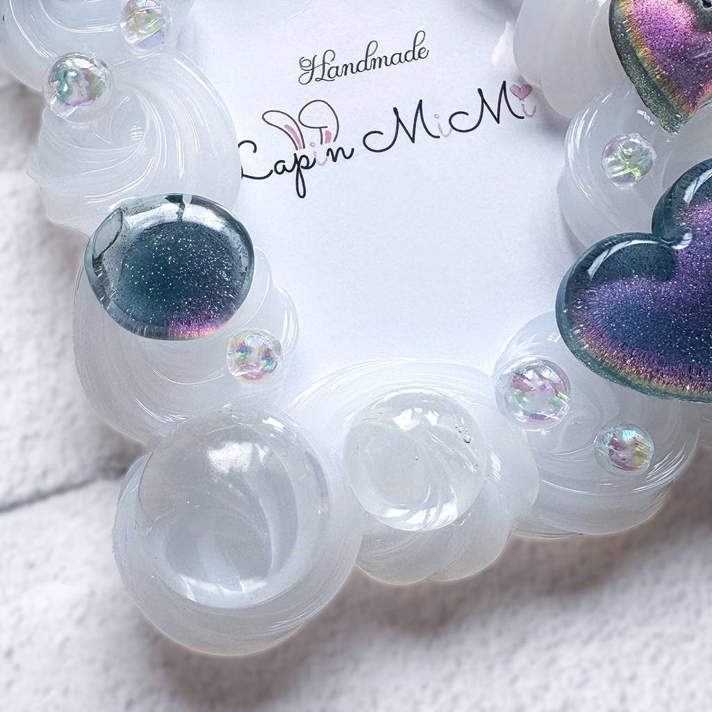 【受注製作】角度でカラー変化 クリア ホイップデコ 硬質トレカケース B8 チェキ マグネット ジェル リボン ハート ブルー パープル 上品 カード ケース