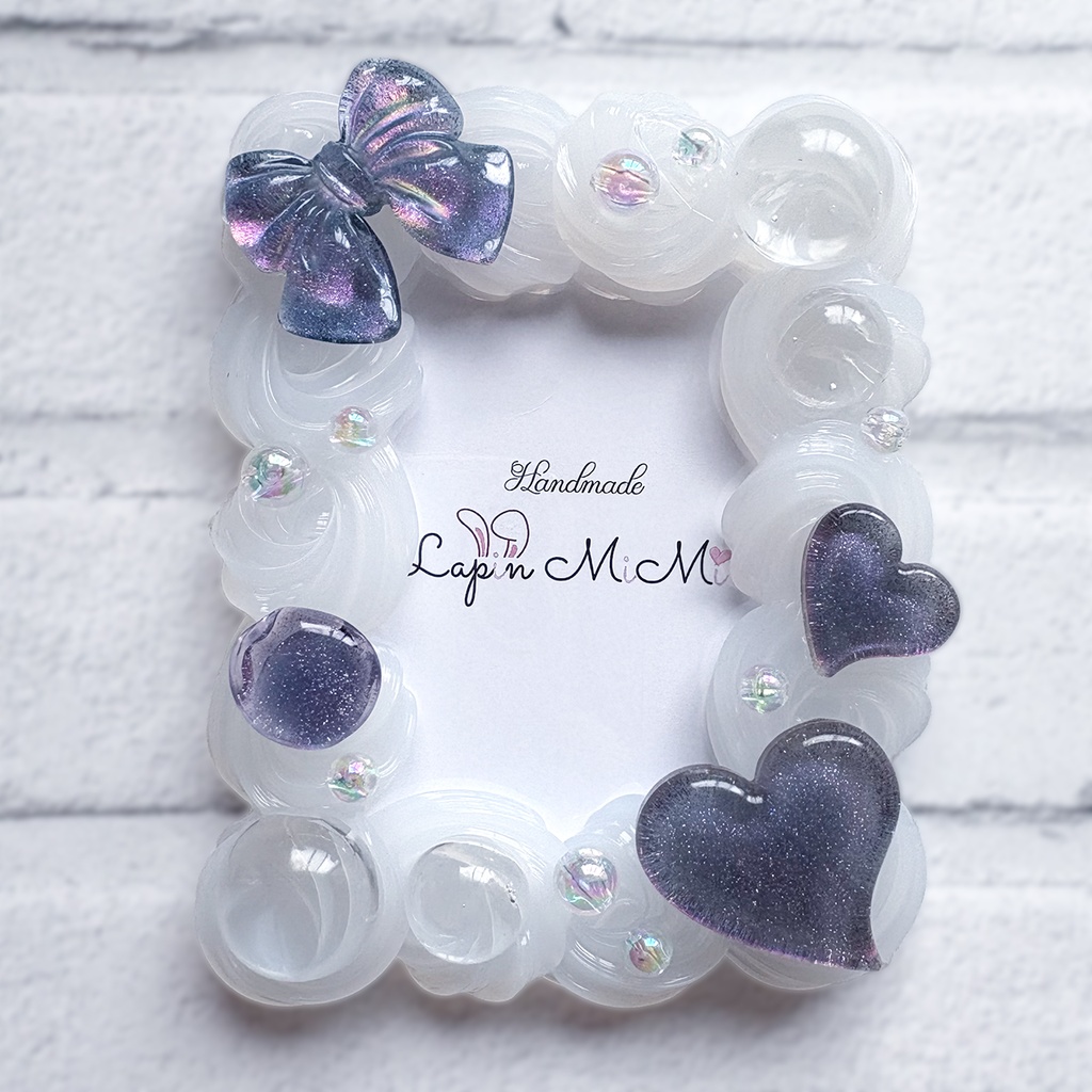 【受注製作】角度でカラー変化 クリア ホイップデコ 硬質トレカケース B8 チェキ マグネット ジェル リボン ハート ブルー パープル 上品 カード ケース