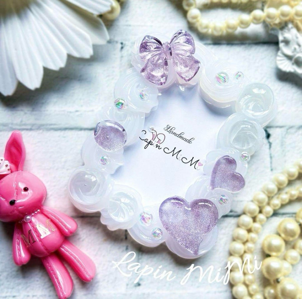 【受注製作】角度でカラー変化 クリア ホイップデコ 硬質トレカケース B8 チェキ マグネット ジェル リボン ハート ブルー パープル 上品 カード ケース