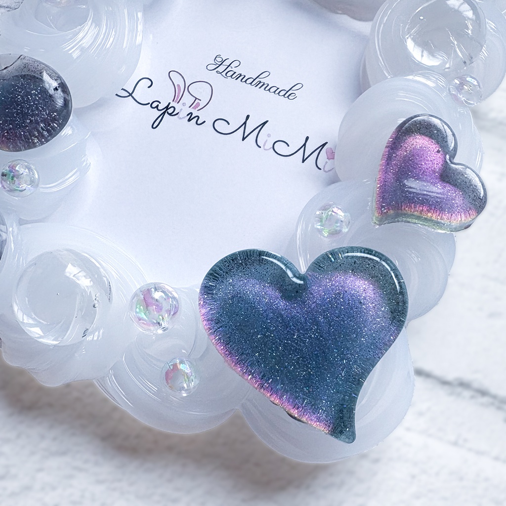 【受注製作】角度でカラー変化 クリア ホイップデコ 硬質トレカケース B8 チェキ マグネット ジェル リボン ハート ブルー パープル 上品 カード ケース