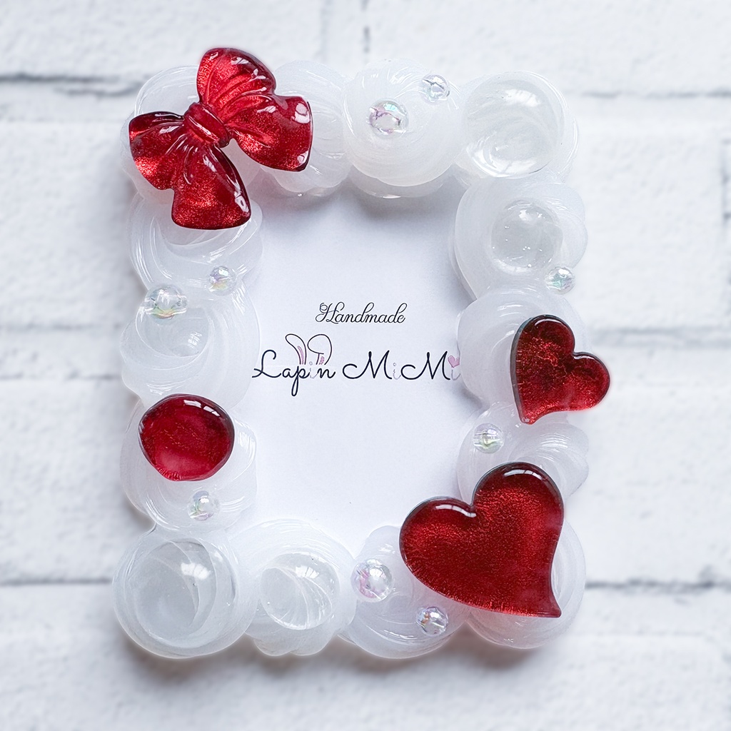 クリア ホイップデコ 硬質トレカケース B8 チェキ マグネット ラメ 赤 リボン ハート 上品 カード ケース