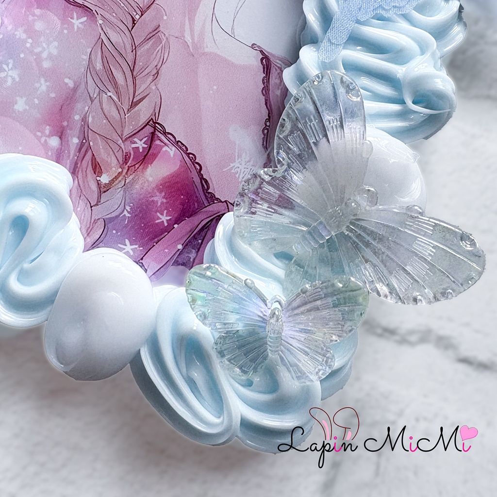 【B7】水色×白 ホイップデコ 硬質トレカケース 大判 L版 ハガキ ポストカード シルバー 月 シフォン 花 蝶 カード ケース