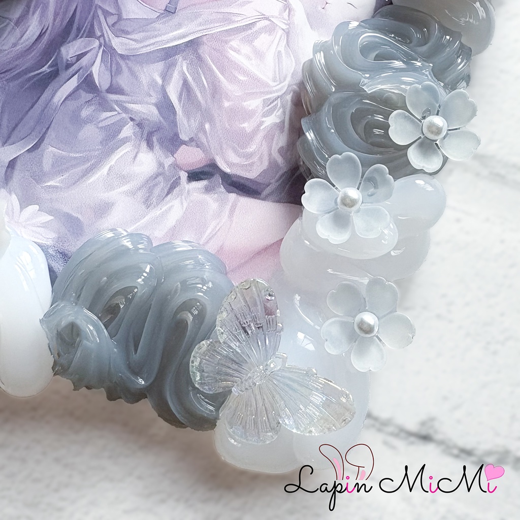 【B7】グレー×クリア ホイップデコ 硬質トレカケース 大判 L版 ハガキ ポストカード シルバー ティアラ 花 蝶 カード ケース