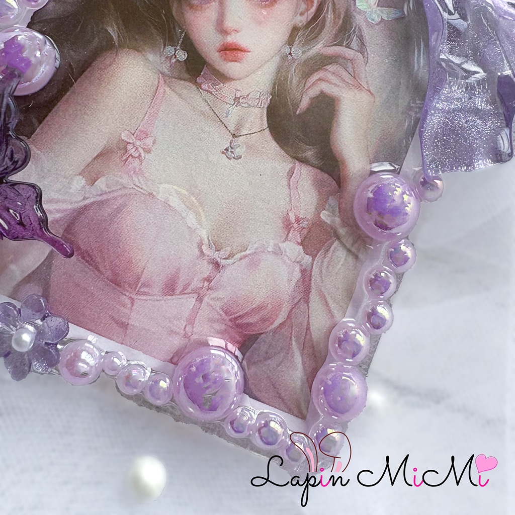 パープル レジン 硬質トレカケース キーホルダー マグネットジェル リボン シルバー 薔薇 紫 カード キーホルダー バッグチャーム ケース