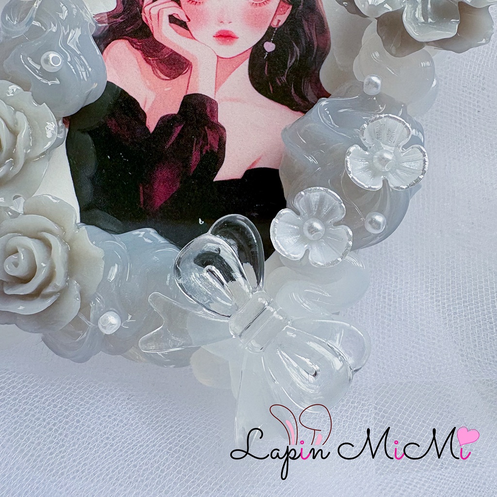 【チェキケース】グレー×クリア ホイップデコ 硬質チェキケース フォト キーホルダー バッグチャーム リボン 花 カード ケース