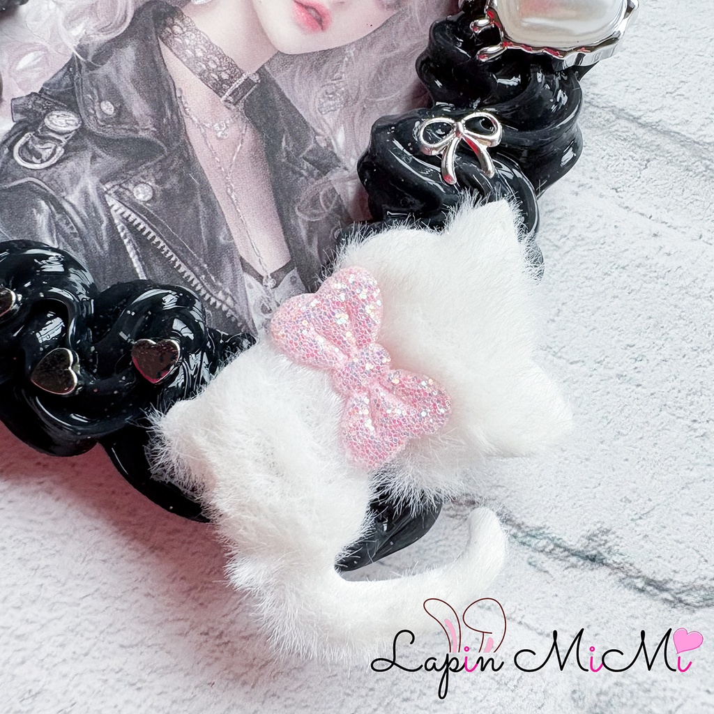 黒 ラメ ホイップデコ 硬質トレカケース B8 ネコ耳 白猫 シルバー リボン カード ケース