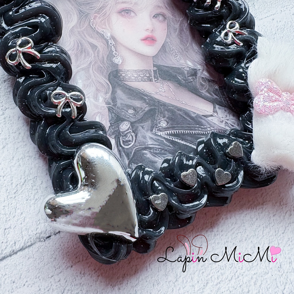 黒 ラメ ホイップデコ 硬質トレカケース B8 ネコ耳 白猫 シルバー リボン カード ケース