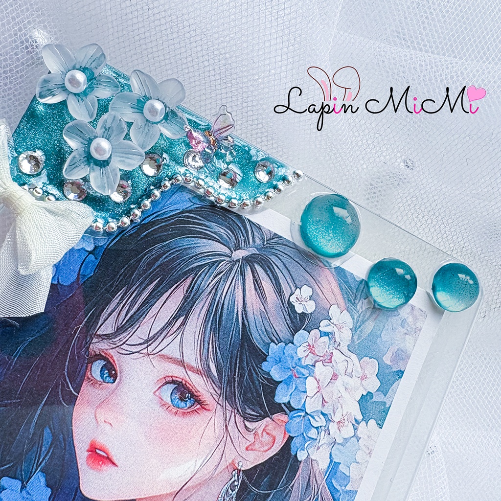 ブルー マグネット ジェル ラメ レジン B8 硬質トレカケース チュールリボン 花 チェキ カード ケース