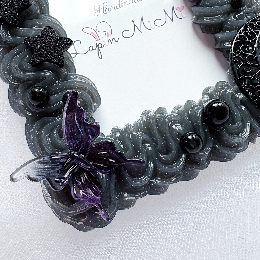 黒 クリア シルバー ラメ ホイップデコ 硬質トレカケース B8 月 星チャーム付き 花 蝶 ゴシック カード ケース