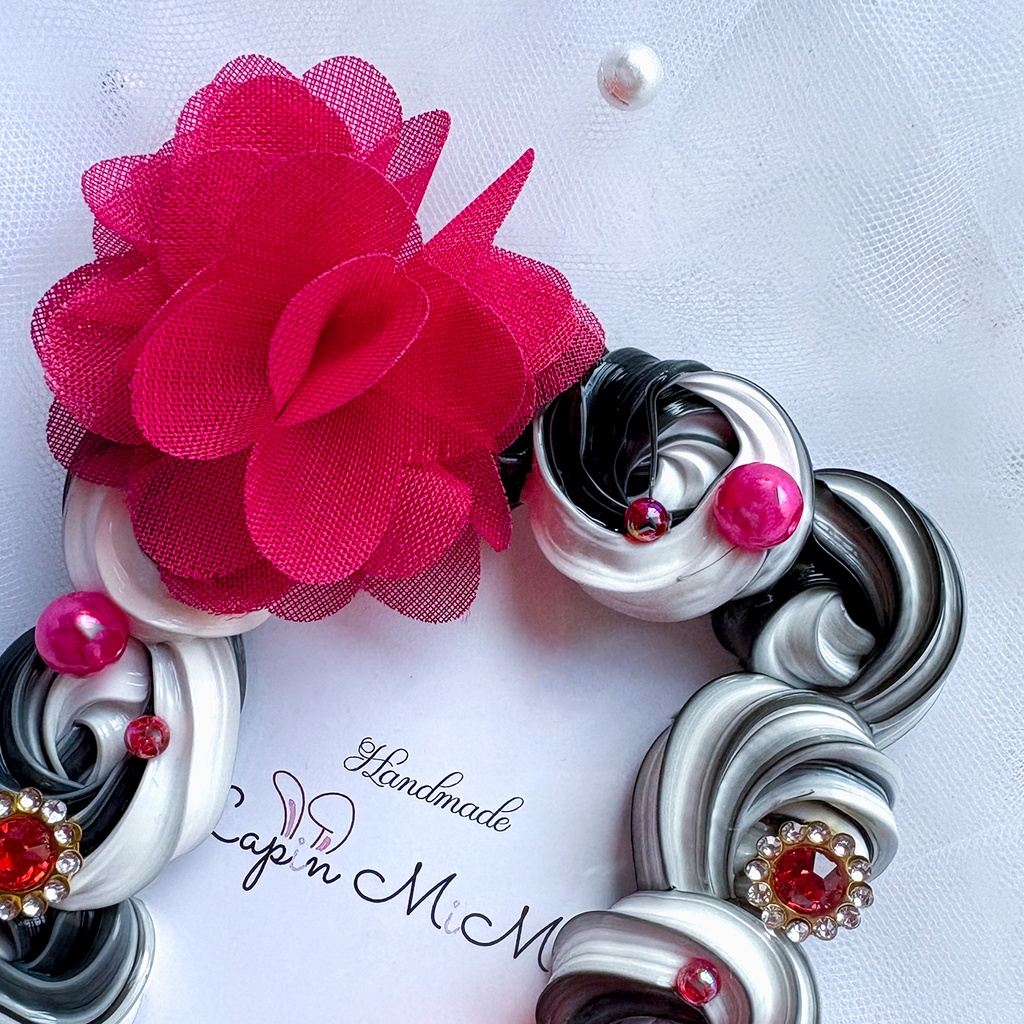 黒 白 ツートン ホイップデコ 硬質トレカケース B8 赤 シフォン 花 ゴシック カード ケース