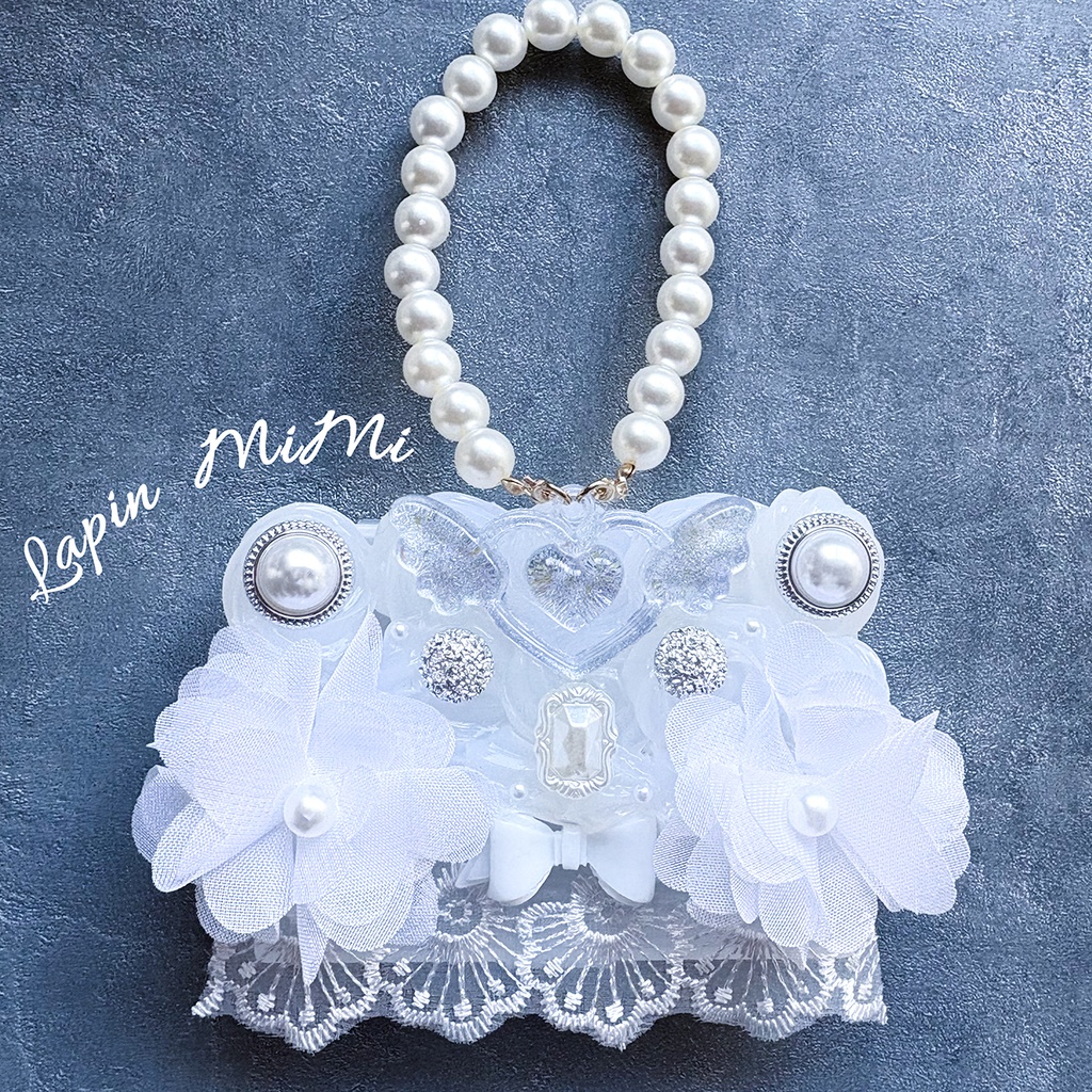 クリア ホイップデコ 白 姫かわ プチプラケース トレカケース 名刺 カード シフォン 花 パール ストラップ付 マルチケース