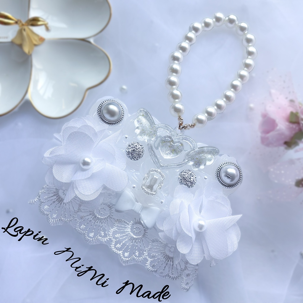 クリア ホイップデコ 白 姫かわ プチプラケース トレカケース 名刺 カード シフォン 花 パール ストラップ付 マルチケース