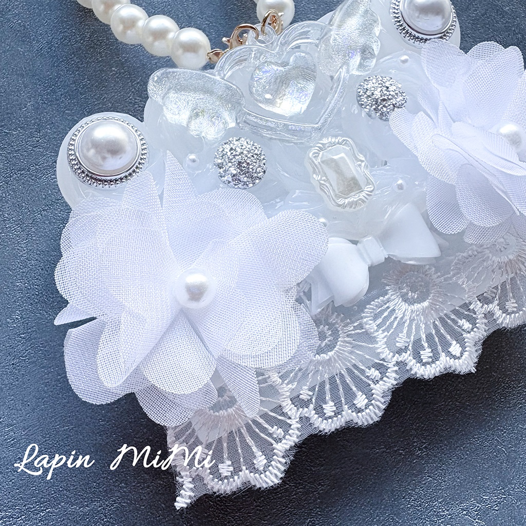 クリア ホイップデコ 白 姫かわ プチプラケース トレカケース 名刺 カード シフォン 花 パール ストラップ付 マルチケース