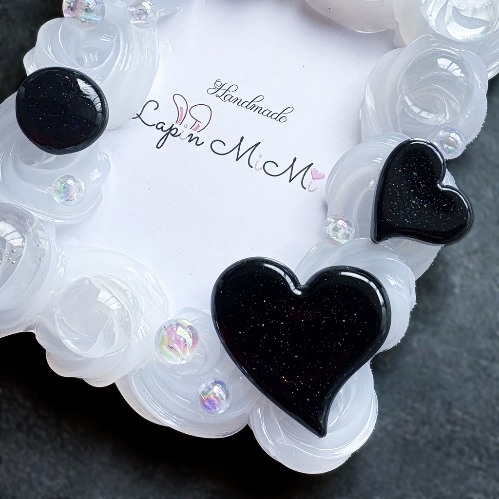 クリア ホイップデコ 硬質トレカケース B8 チェキ 黒 ラメ リボン ハート 上品 カード ケース