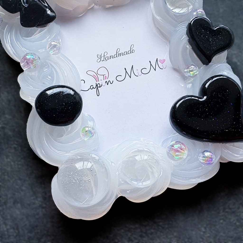 クリア ホイップデコ 硬質トレカケース B8 チェキ 黒 ラメ リボン ハート 上品 カード ケース