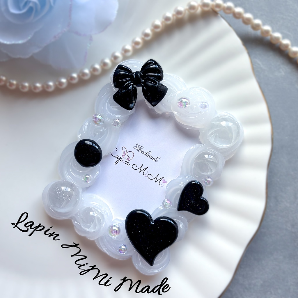 クリア ホイップデコ 硬質トレカケース B8 チェキ 黒 ラメ リボン ハート 上品 カード ケース