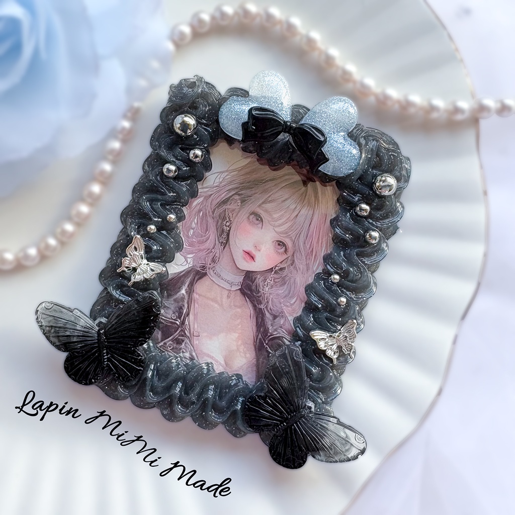 ２カラー クリア ラメ入り ホイップデコ 硬質トレカケース B8 ハート リボン グラデ 蝶 上品 きれいめ カード ケース 黒 ピンク