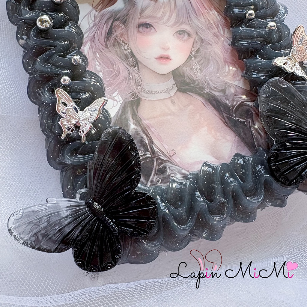 2カラー クリア ラメ入り ホイップデコ 硬質トレカケース B8 ハート リボン グラデ 蝶 上品 きれいめ カード ケース 黒 ピンク