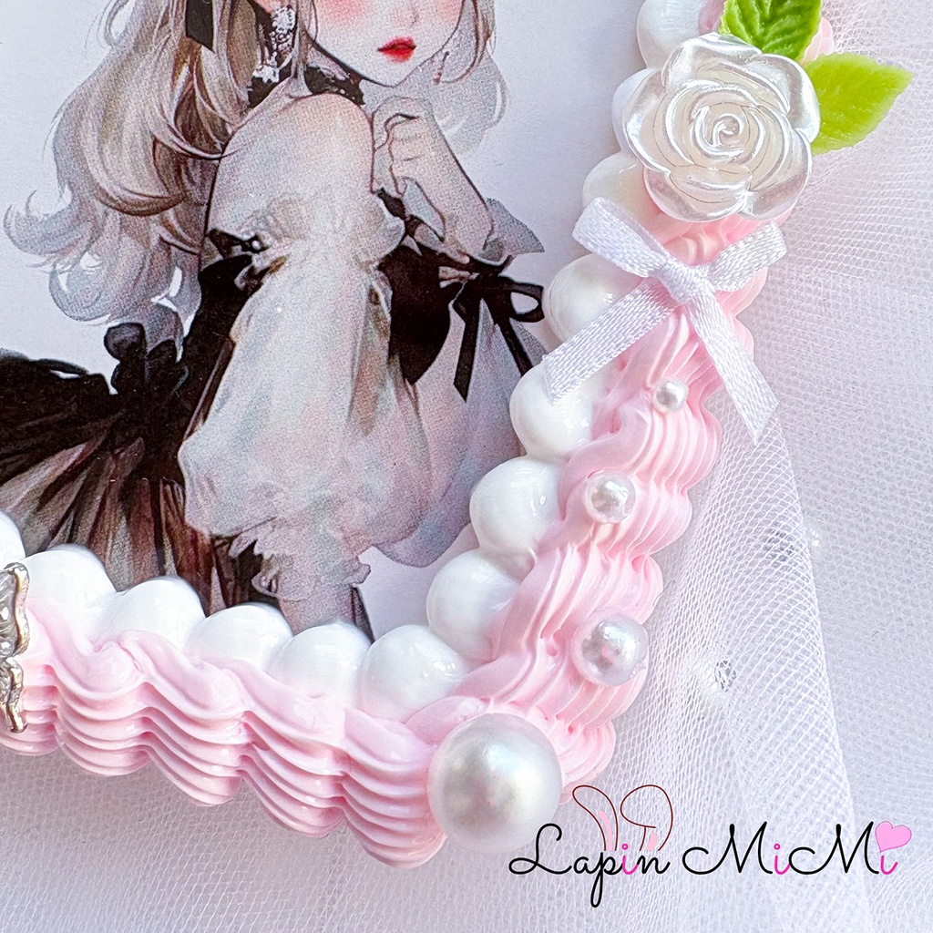 白 ピンク ホイップデコ 硬質トレカケース キーホルダー リボン 薔薇 姫かわ カード キーホルダー バッグチャーム ケース