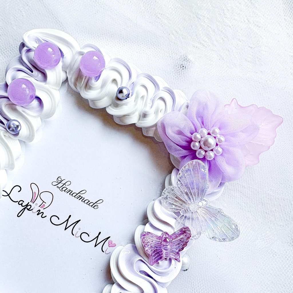 紫 白 ツートン うねうね ホイップデコ 硬質トレカケース B8 ふんわり オーガンジー 花 ビーズ 大人可愛い カード ケース