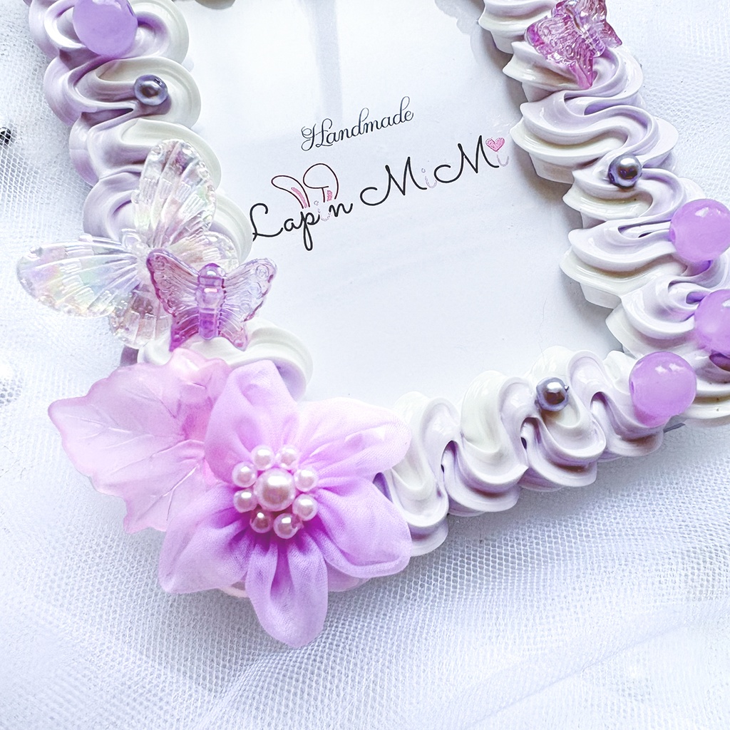 紫 白 ツートン うねうね ホイップデコ 硬質トレカケース B8 ふんわり オーガンジー 花 ビーズ 大人可愛い カード ケース