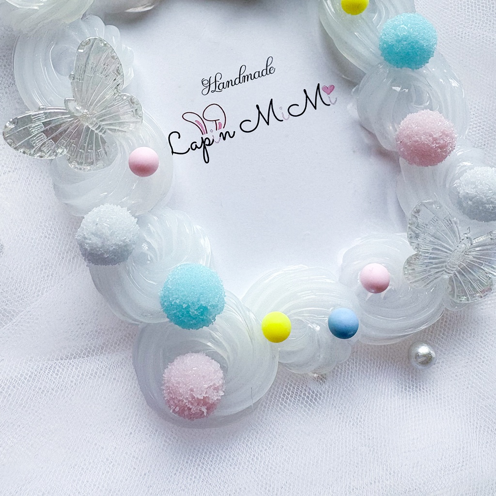 クリア ホイップデコ 硬質トレカケース B8 くすみブルー リボン ポップ ゆめかわ カラフルビーズ カード ケース