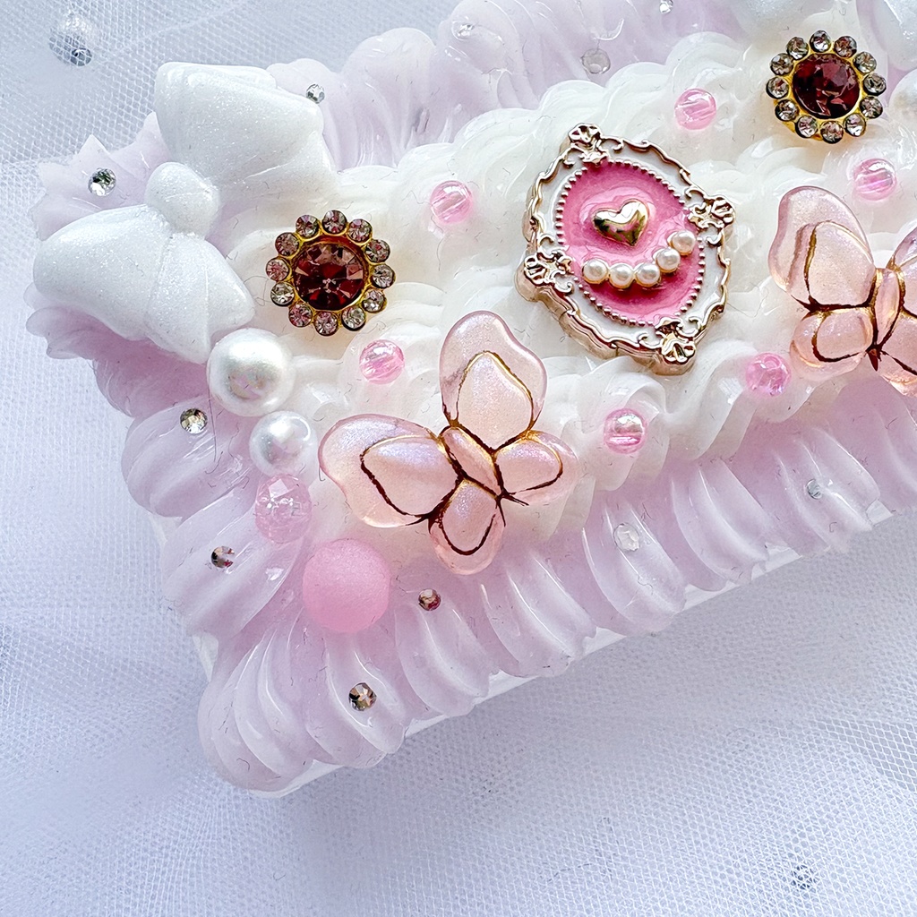 クリア ホイップデコ 白 ライトパープル 姫かわ プチプラケース トレカケース 名刺 カード リボン パール 蝶 マルチケース