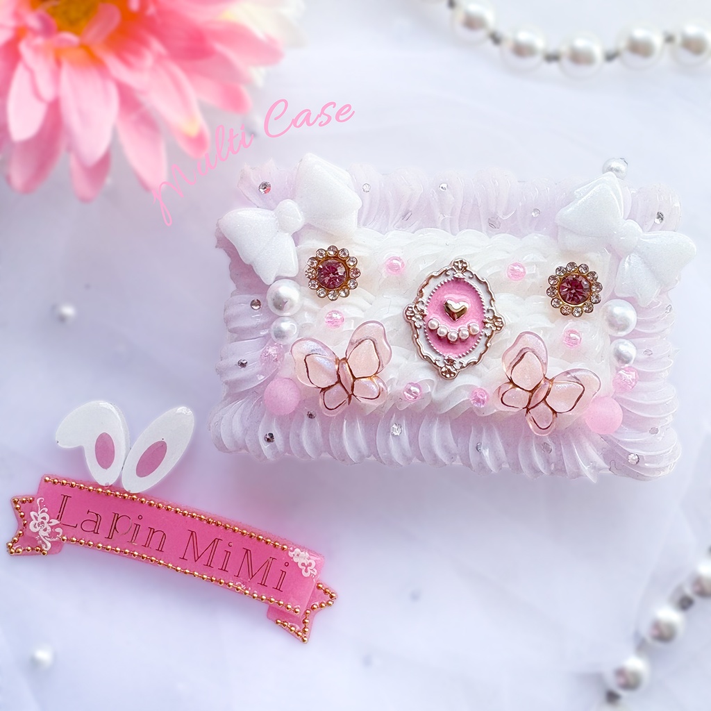 クリア ホイップデコ 白 ライトパープル 姫かわ プチプラケース トレカケース 名刺 カード リボン パール 蝶 マルチケース