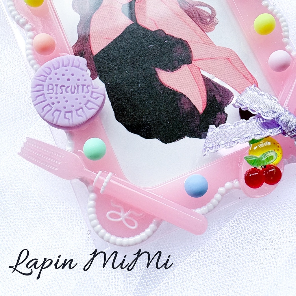 ピンク 白 うねうね レジン B8 硬質トレカケース スプーン ドット リボン お菓子 デザート チェキ カード ケース
