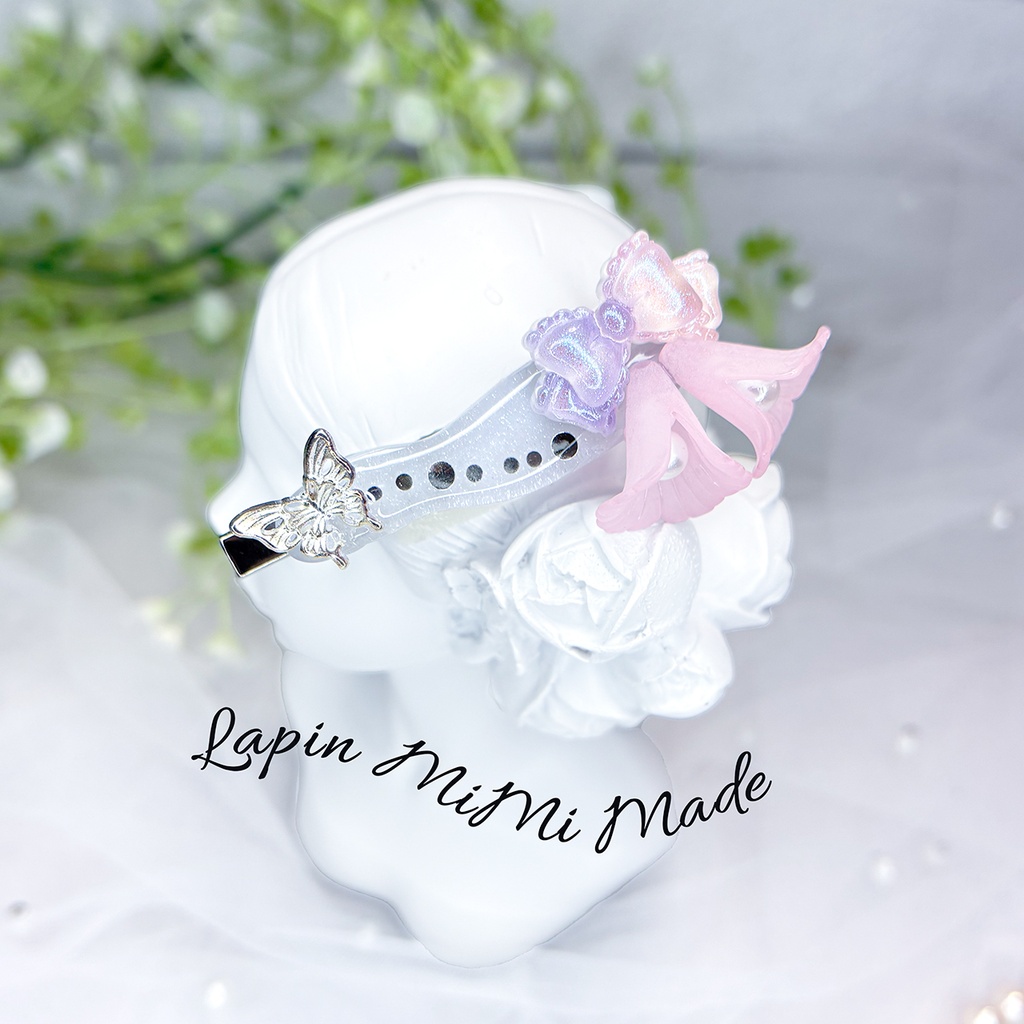 レジン シルバーラメ グラデリボン お花 蝶 ヘアピン 大人可愛い 高見え ヘアクリップ