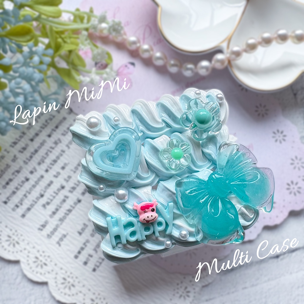 白×水色 ホイップデコ クリア ラメ入り でか リボン ハート 花 プチプラケース  ジュエリーボックス マルチケース