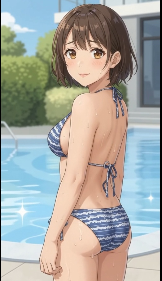 【ボイス付/￥100】青ビキニの彼女とプールデート・振り向き編（全3種）【縦長・横長】