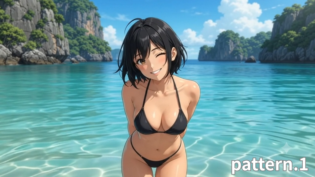 【ボイス付/¥100】黒Tバックビキニの彼女と南国ビーチデート(全3種+限定特典つき)【縦長・横長】