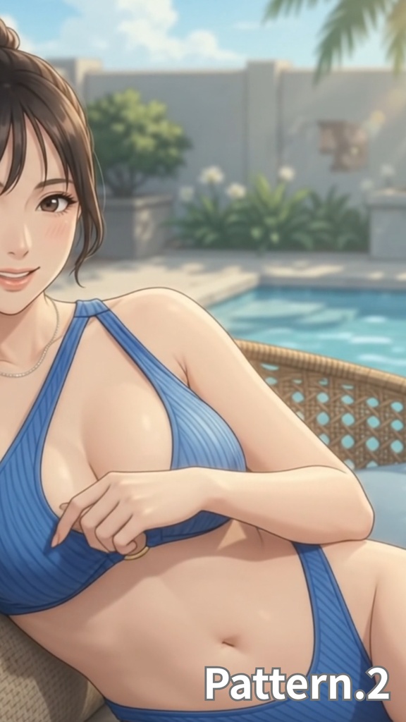 【ボイス付/¥100】ブルービキニの彼女と夕暮れプールデート(全3種+限定特典つき)【縦長・横長】