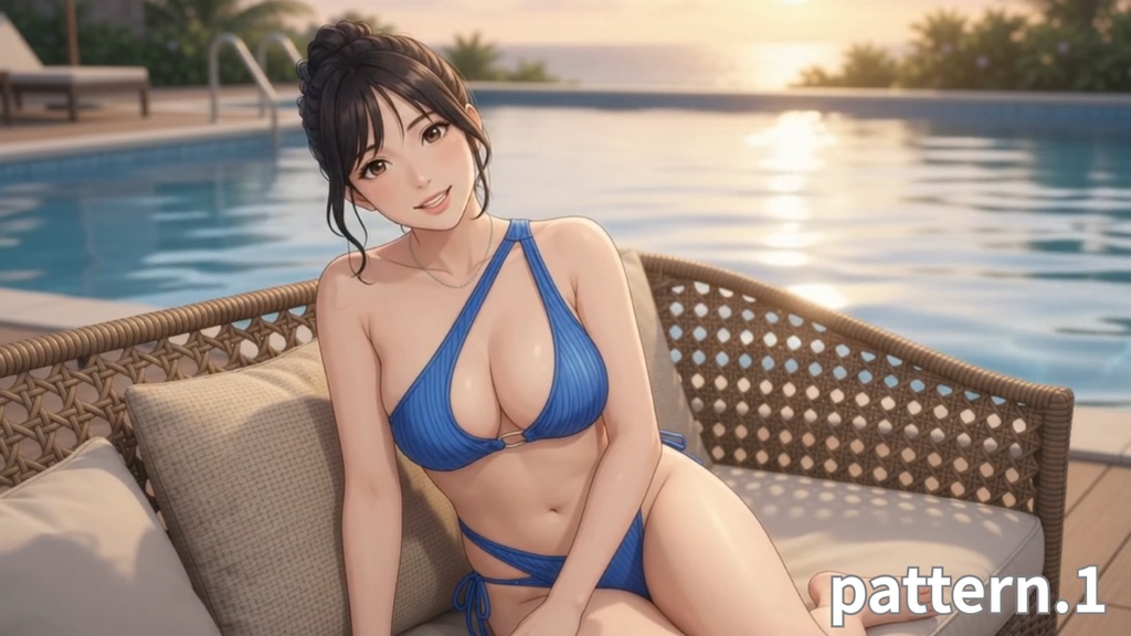 【ボイス付/¥100】ブルービキニの彼女と夕暮れプールデート(全3種+限定特典つき)【縦長・横長】