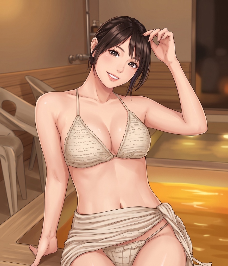 【ボイス付/￥100】ベージュ水着の彼女と貸切お風呂デート（全3種）【縦長・横長】
