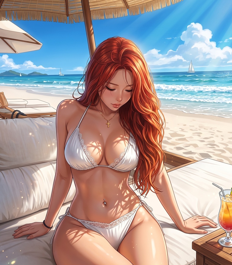 【ボイス付/￥100】純白ビキニの彼女と優雅なビーチリゾート（全3種＋限定特典つき）【縦長・横長】