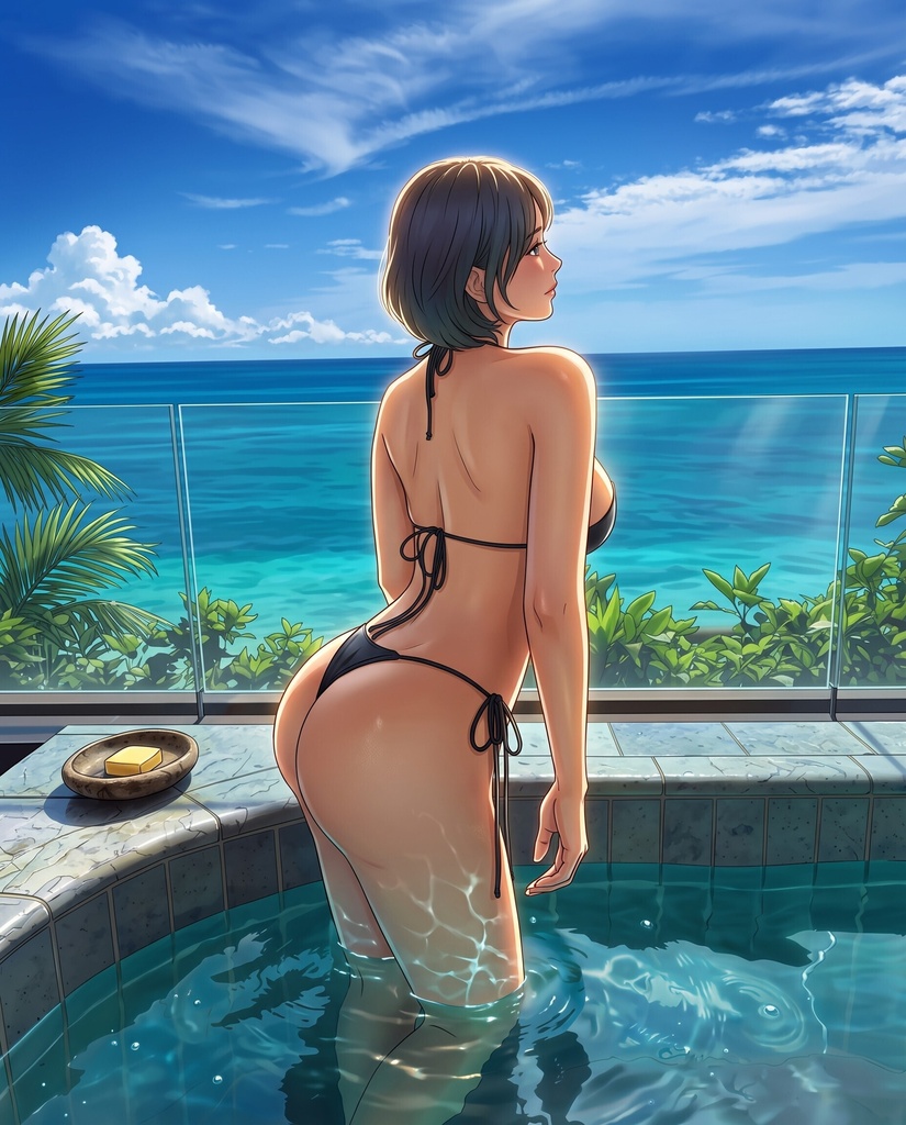 【ボイス付/¥100】黒ビキニの彼女と貸し切りプールヴィラ(全3種+限定特典つき)【縦長・横長】