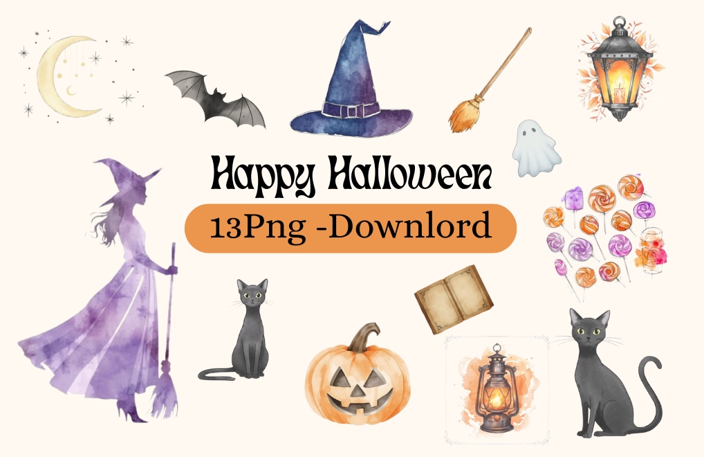 おしゃれなハロウィン水彩イラスト 13点セット|大人かわいいクリップアート|商用利用OK 背景透過PNG |魔女・黒猫・かぼちゃ・月・キャンディ