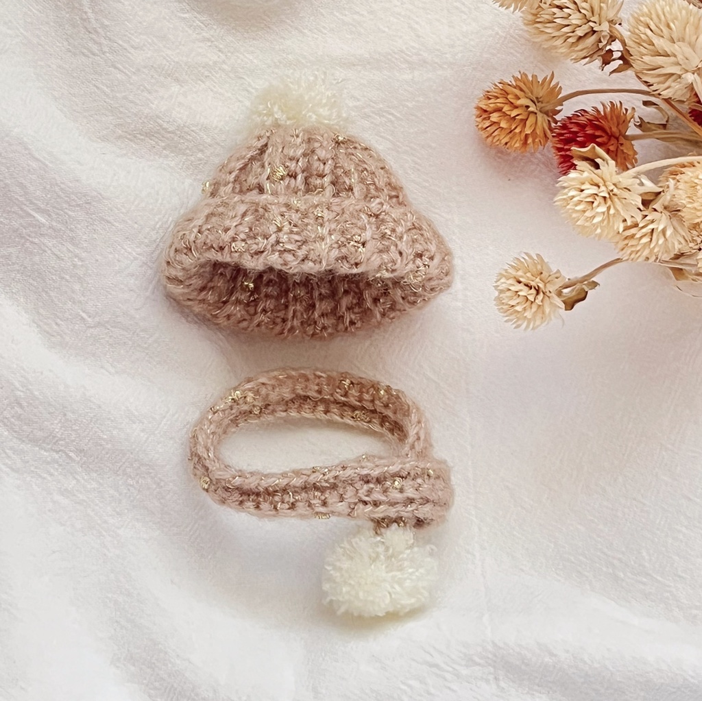 8cmぬいぐるみ用 マフラー＆帽子セット ブラウン×ラメ