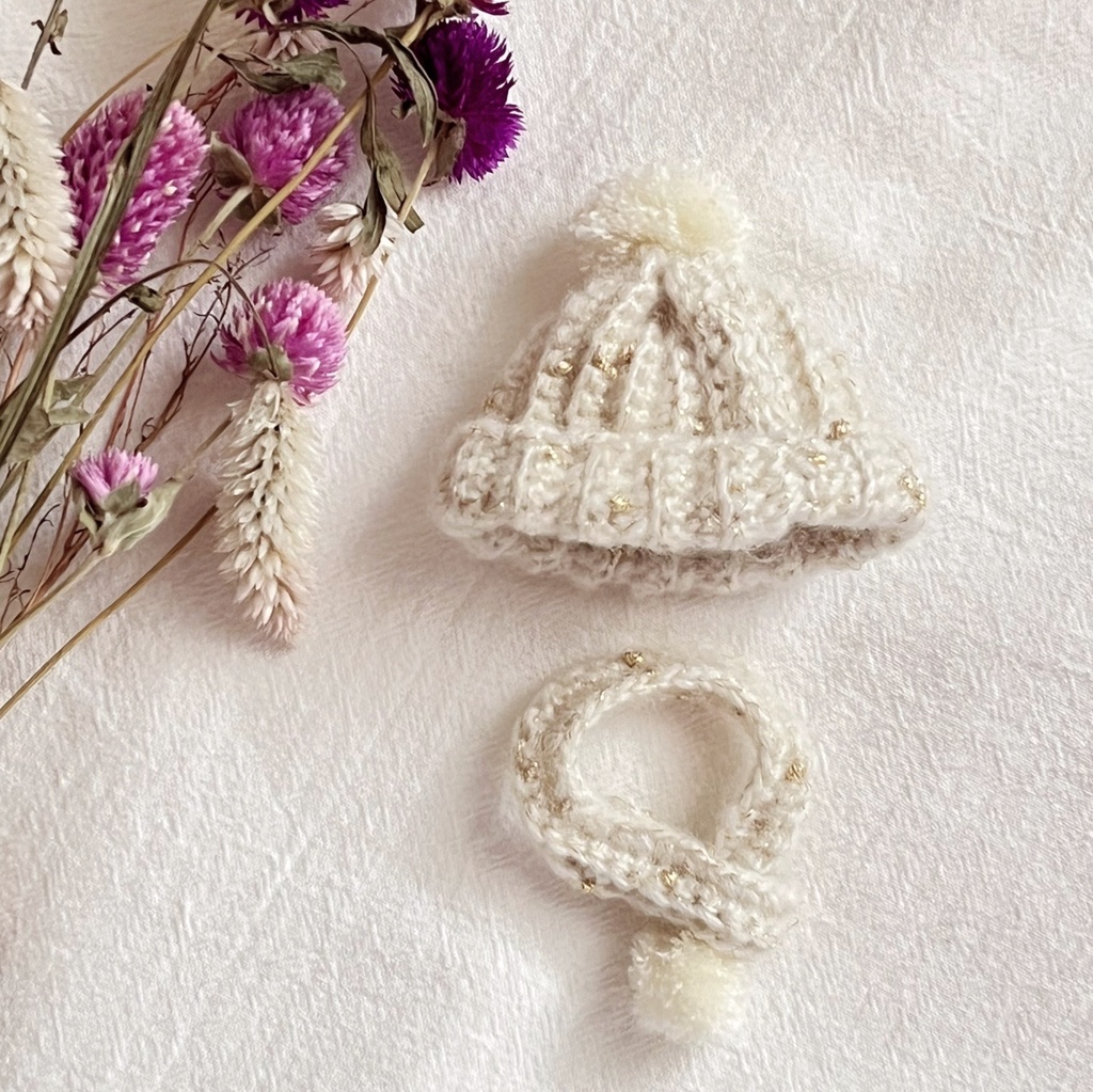 8cmぬいぐるみ用 マフラー＆帽子セット ホワイト×ラメ