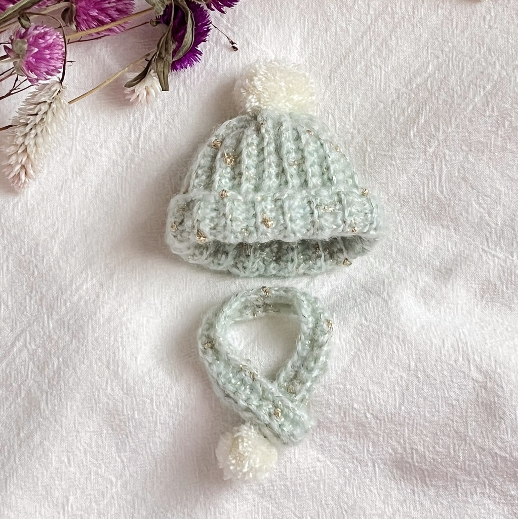 8cmぬいぐるみ用 マフラー＆帽子セット ミントグリーン×ラメ