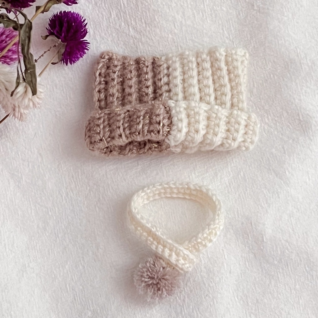 8cmぬいぐるみ用 猫耳帽子とマフラーセット ブラウン×ホワイト