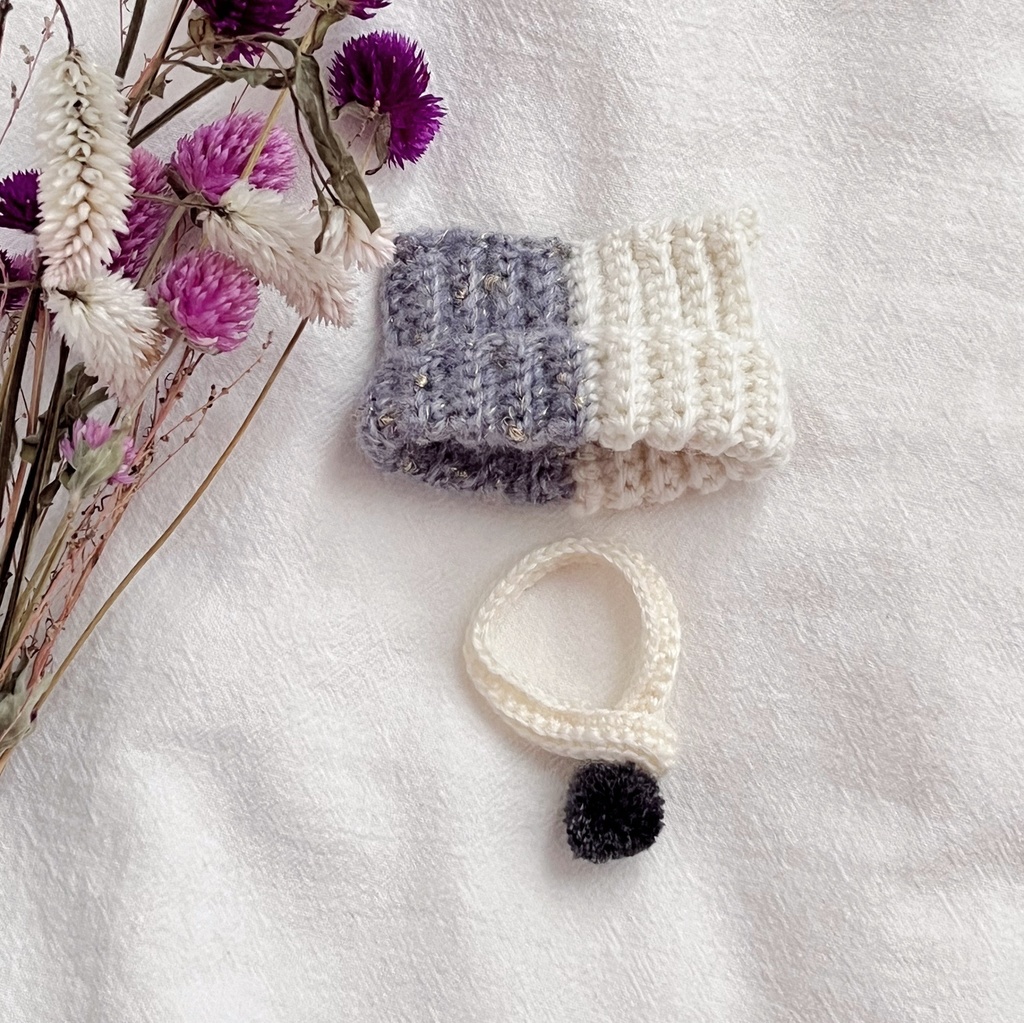 8cmぬいぐるみ用 猫耳帽子とマフラーセット グレー×ホワイト